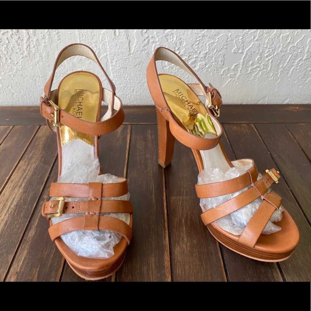 Michael Kors Brown Gold Leather Heels Sandals